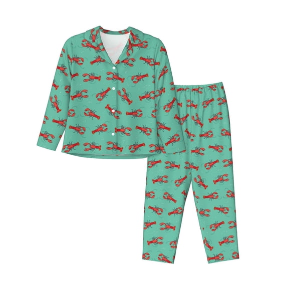 Fotbe Cartoon Lobsters 4 Pattern Long Sleeve Pajama Set for Women,Sleepwear Set,2-piece Loungewear Set,Soft PJs Comfy Nightwear with Pockets -X-Large