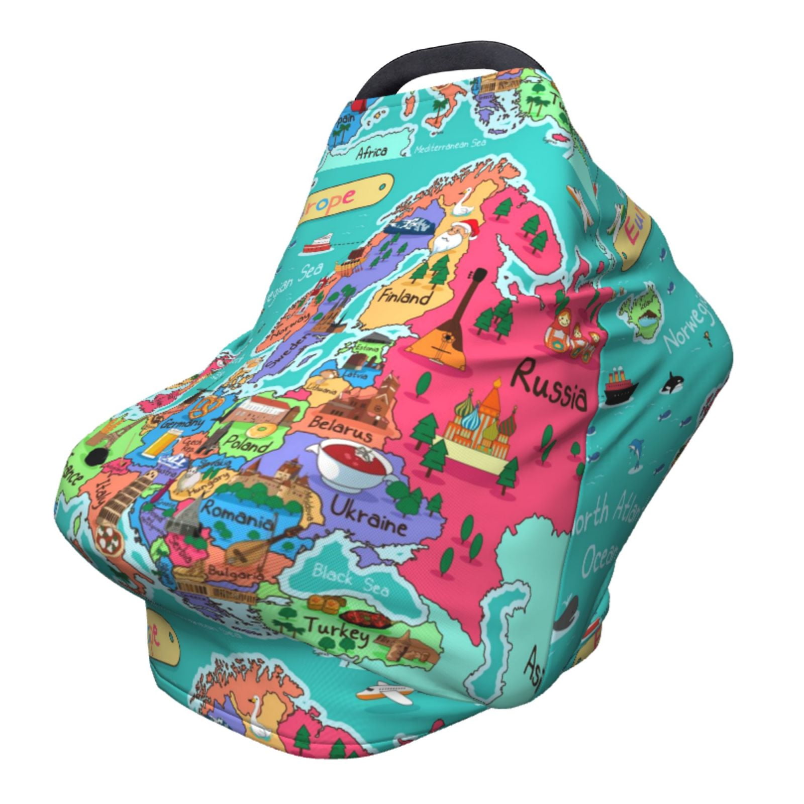 Fotbe Cartoon Map Of Europe Pattern Car Seat Covers for Babies, Nursing Breastfeeding Cover Infant Carseat Canopy, Soft Stretchy Carrier Cover
