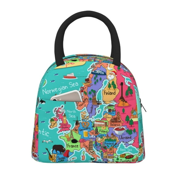 Fotbe Cartoon Map Of Europe Pattern Lunch Bag, Insulated Lunch Box, Small Leakproof Cooler Food Lunch Containers Reusable High Capacity Lunch Tote Bags for Work, Travel, Outdoor