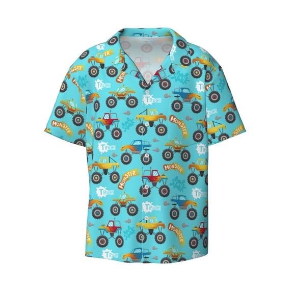 Fotbe Cartoon Monster Truck print Short Sleeve Button Down Shirts for Men Casual Summer Beach Wrinkle Free Shirt-Small