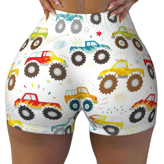 Fotbe Cartoon Monster Trucks Seamless Shorts, Womens Workout Shorts High Waist Stretch Booty Short for Gym/Yoga/Running/Biking-XX-Large