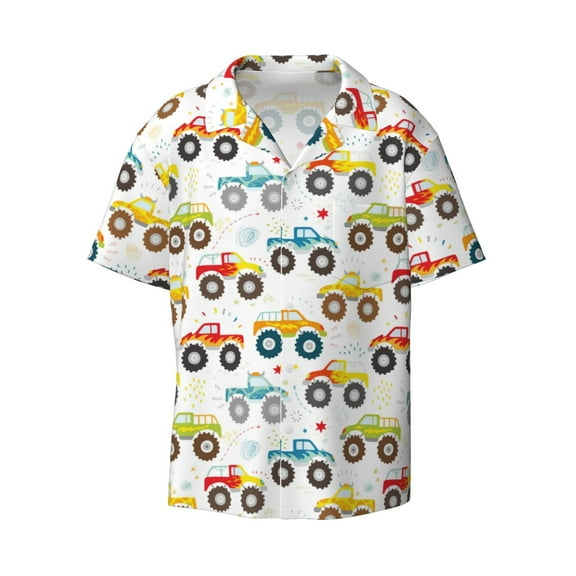 Fotbe Cartoon Monster Trucks print Short Sleeve Button Down Shirts for Men Casual Summer Beach Wrinkle Free Shirt-X-Large