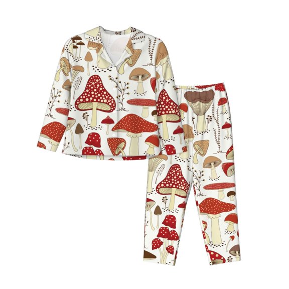 Fotbe Cartoon Mushrooms Pattern Long Sleeve Pajama Set for Women,Sleepwear Set,2-piece Loungewear Set,Soft PJs Comfy Nightwear with Pockets -Small