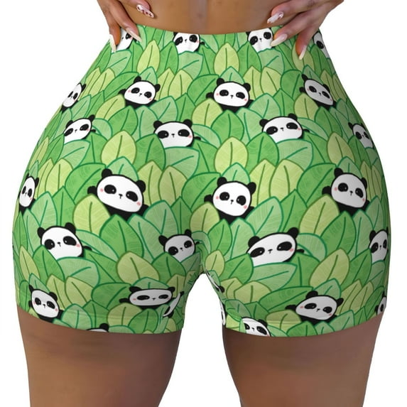 Fotbe Cartoon Panda And Leaf 1 Seamless Shorts, Womens Workout Shorts High Waist Stretch Booty Short for Gym/Yoga/Running/Biking-XX-Large