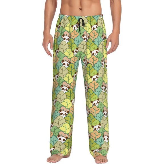Fotbe Cartoon Panda And Leaf Men's Pajama Pants,Sleepwear Pants,Pj Bottoms Drawstring And Pockets-Small