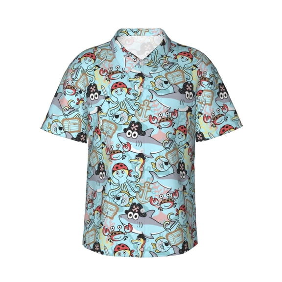 Fotbe Cartoon Pirate Hawaiian Shirt for Men Unisex Summer Beach Casual Short Sleeve Cotton Linen Button Down Shirts-3X-Large
