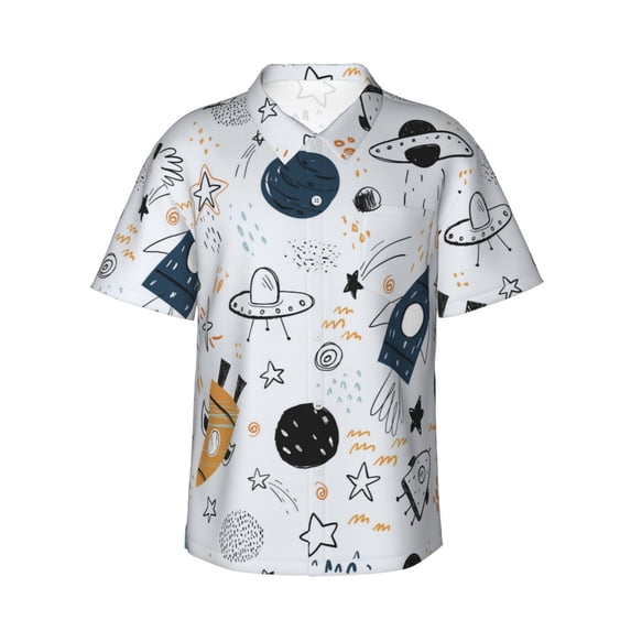 Fotbe Cartoon Planets Hawaiian Shirt For Men Unisex Summer Beach Casual Short Sleeve Cotton Linen Button Down Shirts-Large