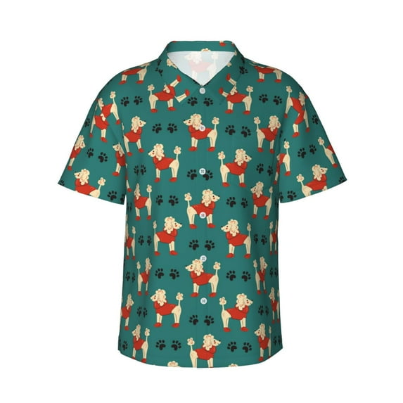 Fotbe Cartoon Poodle Dog Hawaiian Shirt for Men Unisex Summer Beach Casual Short Sleeve Cotton Linen Button Down Shirts-XX-Large