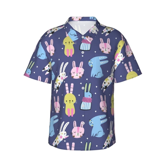 Fotbe Cartoon Rabbit Hawaiian Shirt for Men Unisex Summer Beach Casual Short Sleeve Cotton Linen Button Down Shirts-X-Large