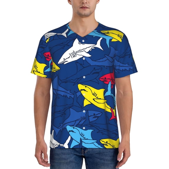 Fotbe Cartoon Shark Baseball Jersey Shirt for Men and Women, Casual Short Sleeves Button Down T-Shirt-Small
