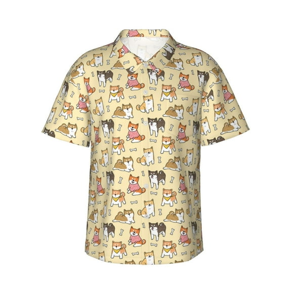 Fotbe Cartoon Shiba Inu Dog Hawaiian Shirt for Men Unisex Summer Beach Casual Short Sleeve Cotton Linen Button Down Shirts-XX-Large