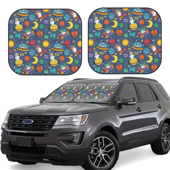 Fotbe Cartoon Space 2-Piece Car Windshield Sun Shade | Sun Blocker for Car Windshield | Foldable Automotive Interior Accessories for Sun Protection-Large