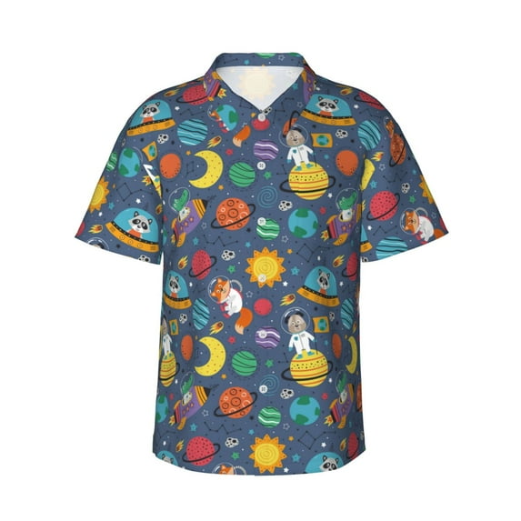 Fotbe Cartoon Space Hawaiian Shirt for Men Unisex Summer Beach Casual Short Sleeve Cotton Linen Button Down Shirts-Large