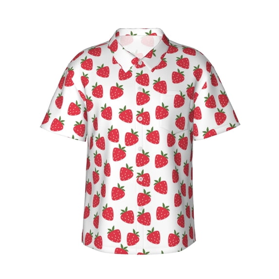 Fotbe Cartoon Strawberry Hawaiian Shirt for Men Unisex Summer Beach Casual Short Sleeve Cotton Linen Button Down Shirts-Small