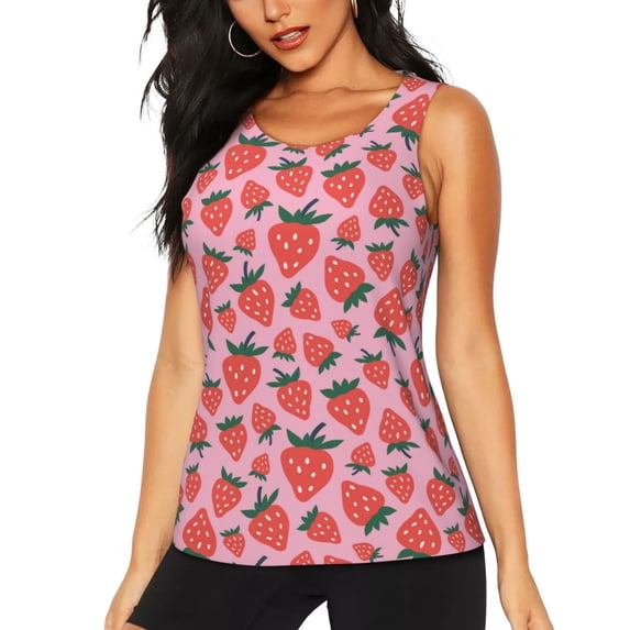 Fotbe Cartoon Strawberry Womens Loose Fit Casual Flowy Slim-Fit Tank Tops Athletic Round Neck Trendy Sleeveless Summer Tops for Gym and Yoga-Large