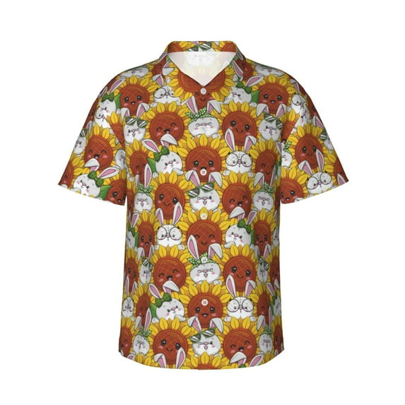 Fotbe Cartoon Sunflowers Hawaiian Shirt for Men Unisex Summer Beach Casual Short Sleeve Cotton Linen Button Down Shirts-Small