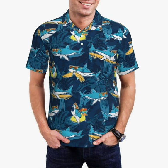 Fotbe Cartoon Surfer Sharks Pattern Men’s Golf Polo Shirt – Breathable Performance Golf Shirt with Button-Down Collar-3X-Large