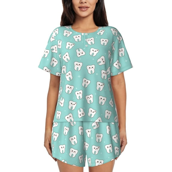 Fotbe Cartoon Teeth1 Print Pajama Set for Women 2 Piece Loungewear Short Sleeve Tops and Shorts Set Soft Sleepwear-3X-Large