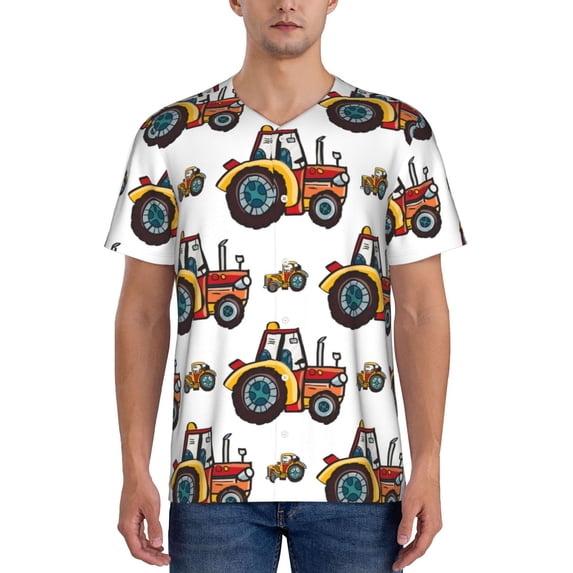Fotbe Cartoon Tractor Baseball Jersey Shirt for Men and Women, Casual Short Sleeves Button Down T-Shirt-3X-Large