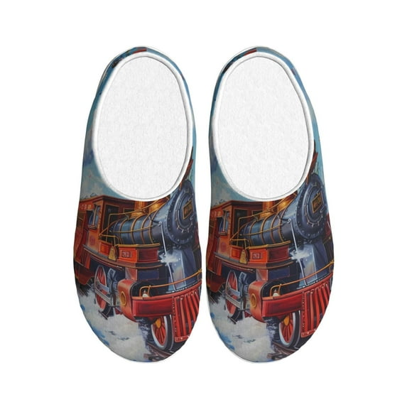 Fotbe Cartoon Train Hot Air Balloon Pattern Women's Fuzzy Curly Fur Memory Foam Loafer Slippers Indoor Outdoor Slippers Winter Home Shoes-39/40