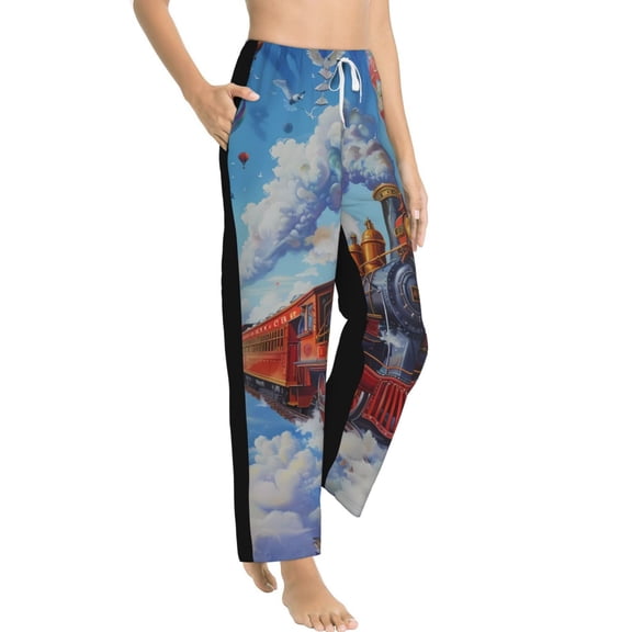 Fotbe Cartoon Train Hot Air Balloon Women's Pajama Pants,Sleepwear Pants,Pj Bottoms Drawstring And Pockets-Medium