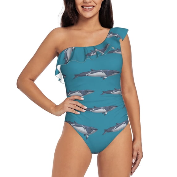 Fotbe Cartoon Whale Women's One Piece Swimsuits One Shoulder Swimwear Ruched Tummy Control Bathing Suits Cutout Monokini-X-Large