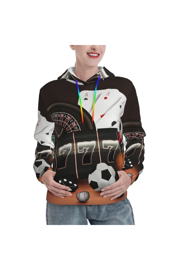 Casino And Sports Pattern Womens Long Sleeve Hoodie, Pullover Hooded Sweatshirt, Kangaroo Pocket Hoodie with Eye-catching Drawstrings-Medium
