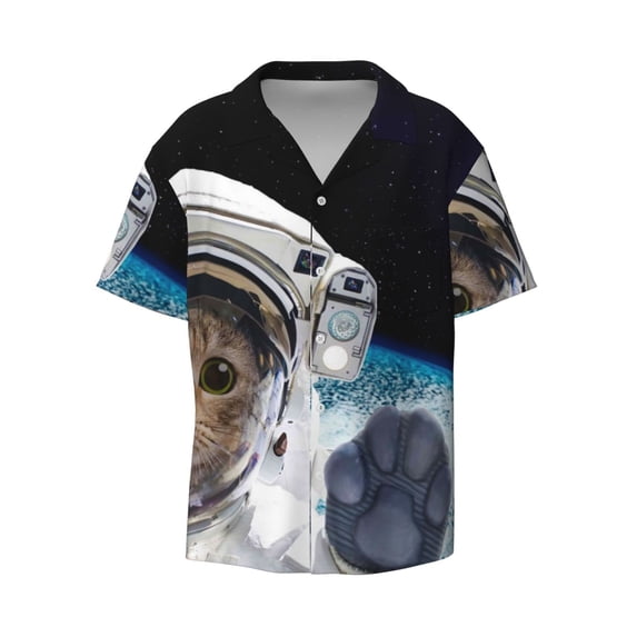 Fotbe Cat Astronaut print Short Sleeve Button Down Shirts for Men Casual Summer Beach Wrinkle Free Shirt-Medium