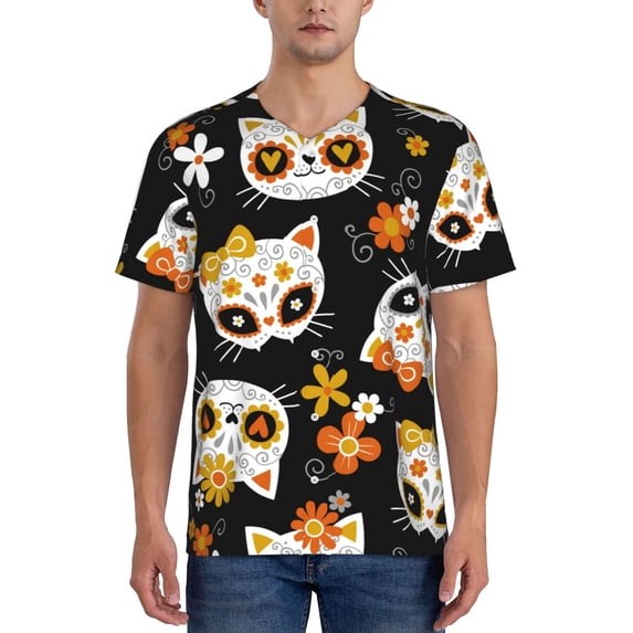 Fotbe Cat Skulls and Flowers Baseball Jersey Shirt for Men and Women, Casual Short Sleeves Button Down T-Shirt-X-Large