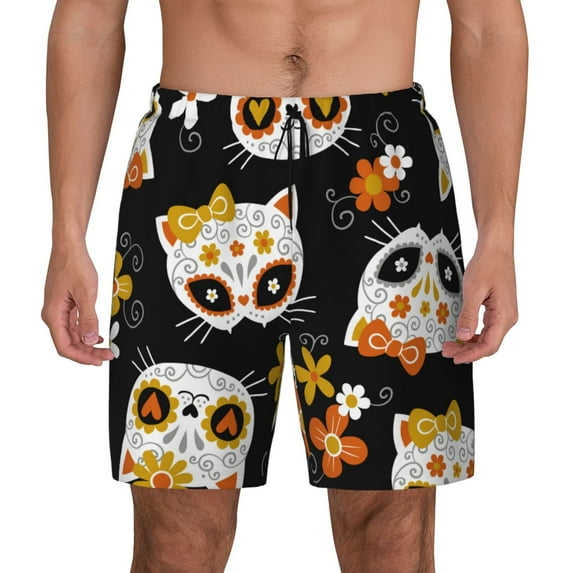 Fotbe Cat Skulls and Flowers Men’s Swim Trunks Quick Dry Swim Shorts Board Shorts with Mesh Lining-Medium