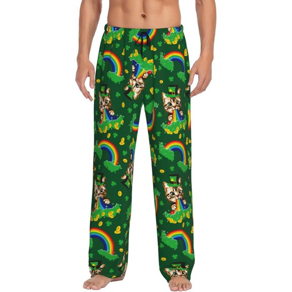 Fotbe Cat St Patrick's day Pattern Men's Pajama Pants,Sleepwear Pants,Pj Bottoms Drawstring And Pockets-Medium