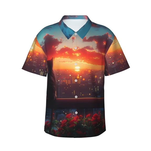 Fotbe Cat Watching City Sunset Hawaiian Shirt for Men Unisex Summer Beach Casual Short Sleeve Cotton Linen Button Down Shirts-3X-Large