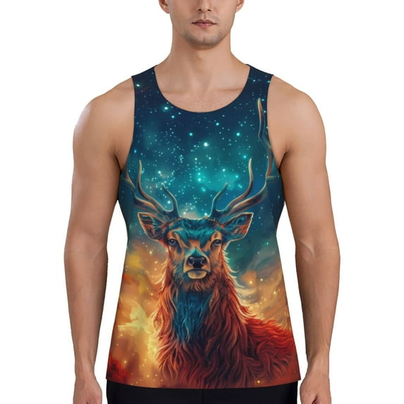 Fotbe Celestial Stag Cosmic Glow Pattern Men's Quick Dry Workout Tank Top Gym Muscle Tee Fitness Bodybuilding Sleeveless T Shirt Breathable Workout Shirt-4X-Large