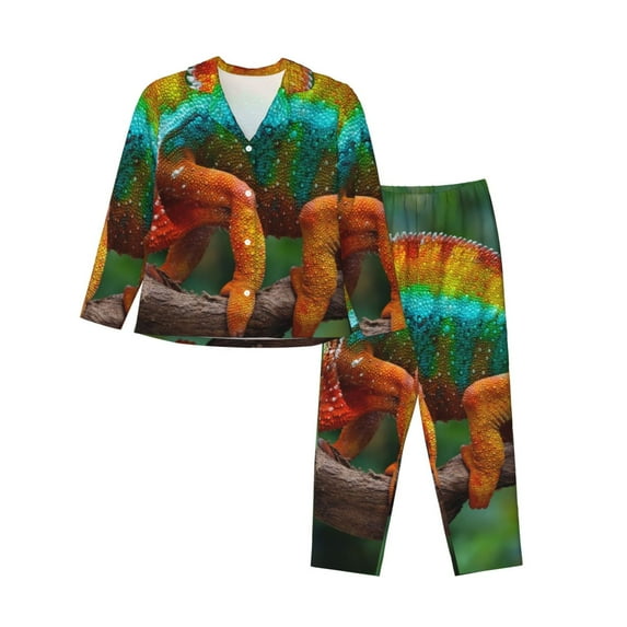 Fotbe Chameleon Pattern Long Sleeve Pajama Set for Women,Sleepwear Set,2-piece Loungewear Set,Soft PJs Comfy Nightwear with Pockets -Medium