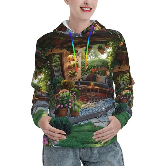 Fotbe Charming Garden Patio Pattern Womens Long Sleeve Hoodie, Pullover Hooded Sweatshirt, Kangaroo Pocket Hoodie with Eye-catching Drawstrings-Medium