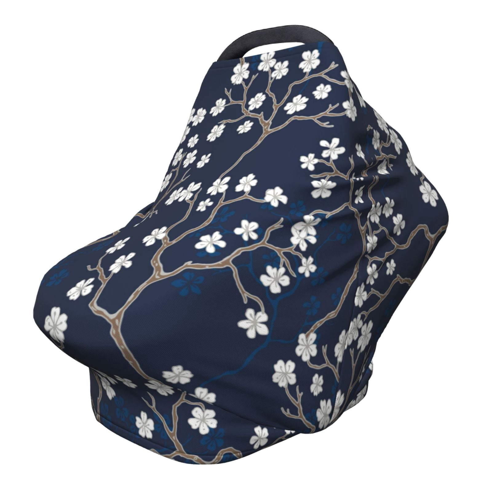 Fotbe Cherry Blossoms on Navy Background Pattern Car Seat Covers for Babies, Nursing Breastfeeding Cover Infant Carseat Canopy, Soft Stretchy Carrier Cover