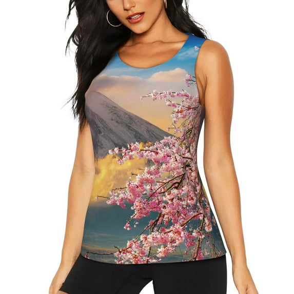Fotbe Cherry Blossoms Womens Loose Fit Casual Flowy Slim-Fit Tank Tops Athletic Round Neck Trendy Sleeveless Summer Tops for Gym and Yoga-Large