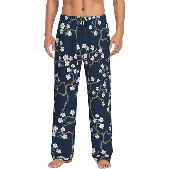 Fotbe Cherry Blossoms on Navy Background Men's Pajama Pants,Sleepwear Pants,Pj Bottoms Drawstring And Pockets-Small