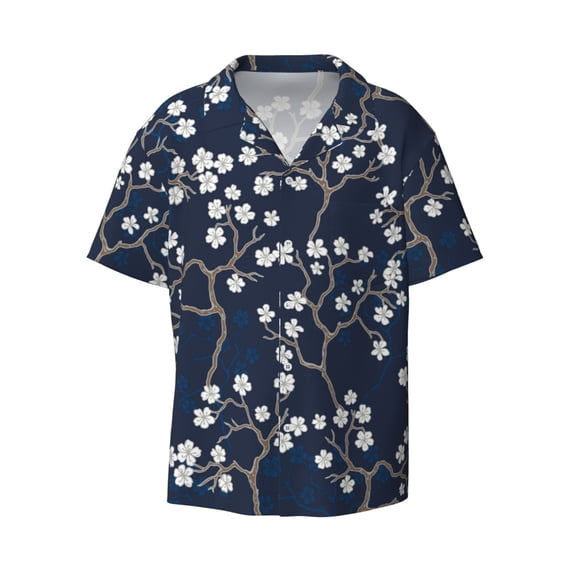 Fotbe Cherry Blossoms on Navy Background print Short Sleeve Button Down Shirts for Men Casual Summer Beach Wrinkle Free Shirt-3X-Large