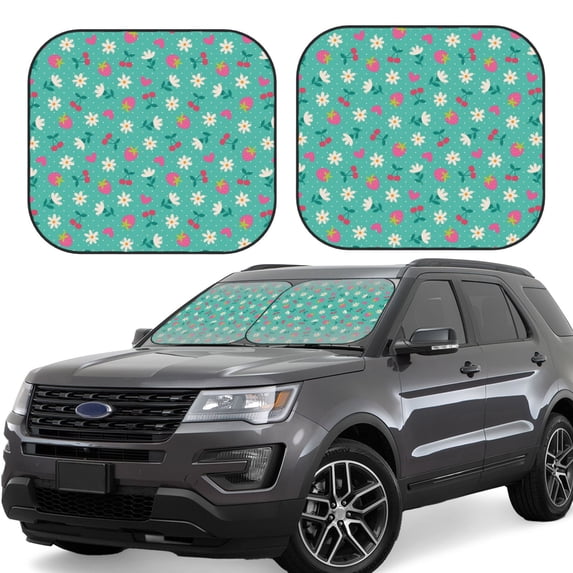 Fotbe Cherry Strawberry Floral 2-Piece Car Windshield Sun Shade | Sun Blocker for Car Windshield | Foldable Automotive Interior Accessories for Sun Protection-Large