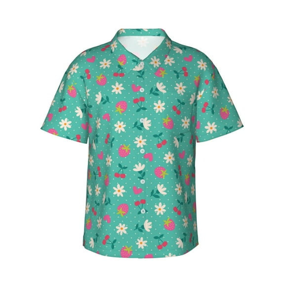 Fotbe Cherry Strawberry Floral Hawaiian Shirt for Men Unisex Summer Beach Casual Short Sleeve Cotton Linen Button Down Shirts-Medium