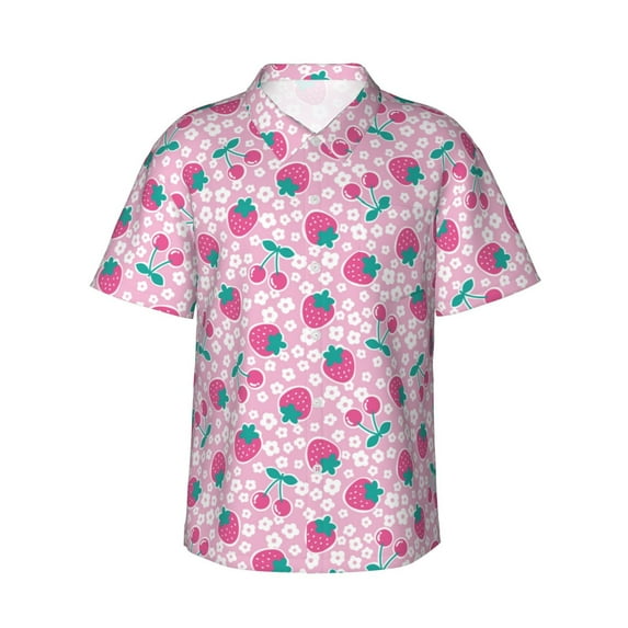 Fotbe Cherry Strawberry Hawaiian Shirt for Men Unisex Summer Beach Casual Short Sleeve Cotton Linen Button Down Shirts-X-Large
