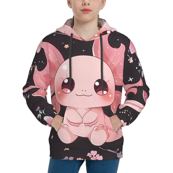Fotbe Chibi Axolotl Sakura Fantasy Pattern Youth Pullover Hooded Sweatshirt, Boys Hoodie, Kangaroo Pocket Hoodie for Kids Girls -Small