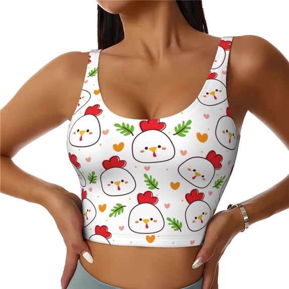 Fotbe Chicken And Plant Pattern Womens' Sports Bra Longline Wirefree Padded with Medium Support Sports Moisture-Wicking Workou Vest,Tank Top-Large