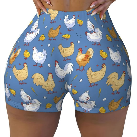 Fotbe Chicken Family Seamless Shorts, Womens Workout Shorts High Waist Stretch Booty Short for Gym/Yoga/Running/Biking-Small