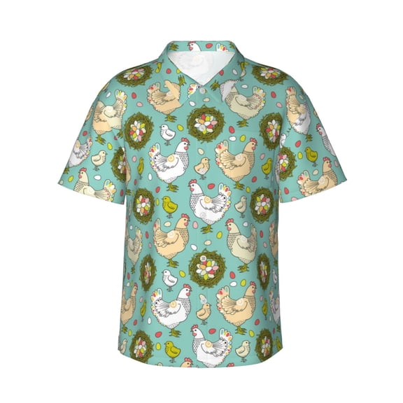 Fotbe Chicken Laying Eggs Hawaiian Shirt for Men Unisex Summer Beach Casual Short Sleeve Cotton Linen Button Down Shirts-Medium