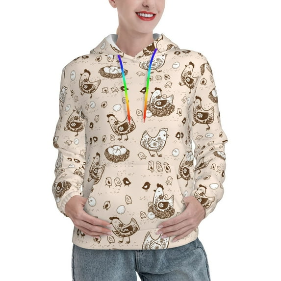 Fotbe Chicken With Floral Pattern Womens Long Sleeve Hoodie, Pullover Hooded Sweatshirt, Kangaroo Pocket Hoodie with Eye-catching Drawstrings-XX-Large