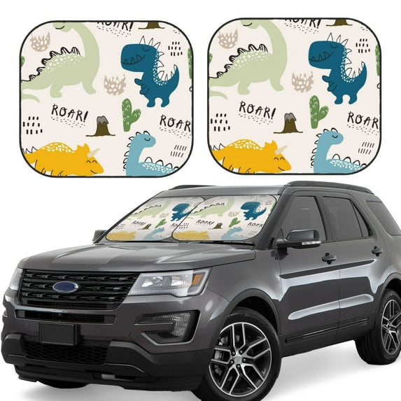 Fotbe Childish Dinosaur 2-Piece Car Windshield Sun Shade | Sun Blocker for Car Windshield | Foldable Automotive Interior Accessories for Sun Protection-Large