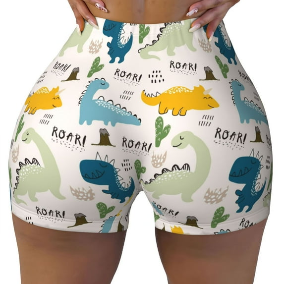 Fotbe Childish Dinosaur Seamless Shorts, Womens Workout Shorts High Waist Stretch Booty Short for Gym/Yoga/Running/Biking-X-Large