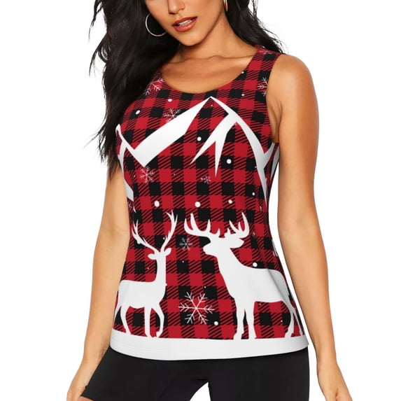 Fotbe Christmas Buffalo Plaid Womens Loose Fit Casual Flowy Slim-Fit Tank Tops Athletic Round Neck Trendy Sleeveless Summer Tops for Gym and Yoga-X-Large